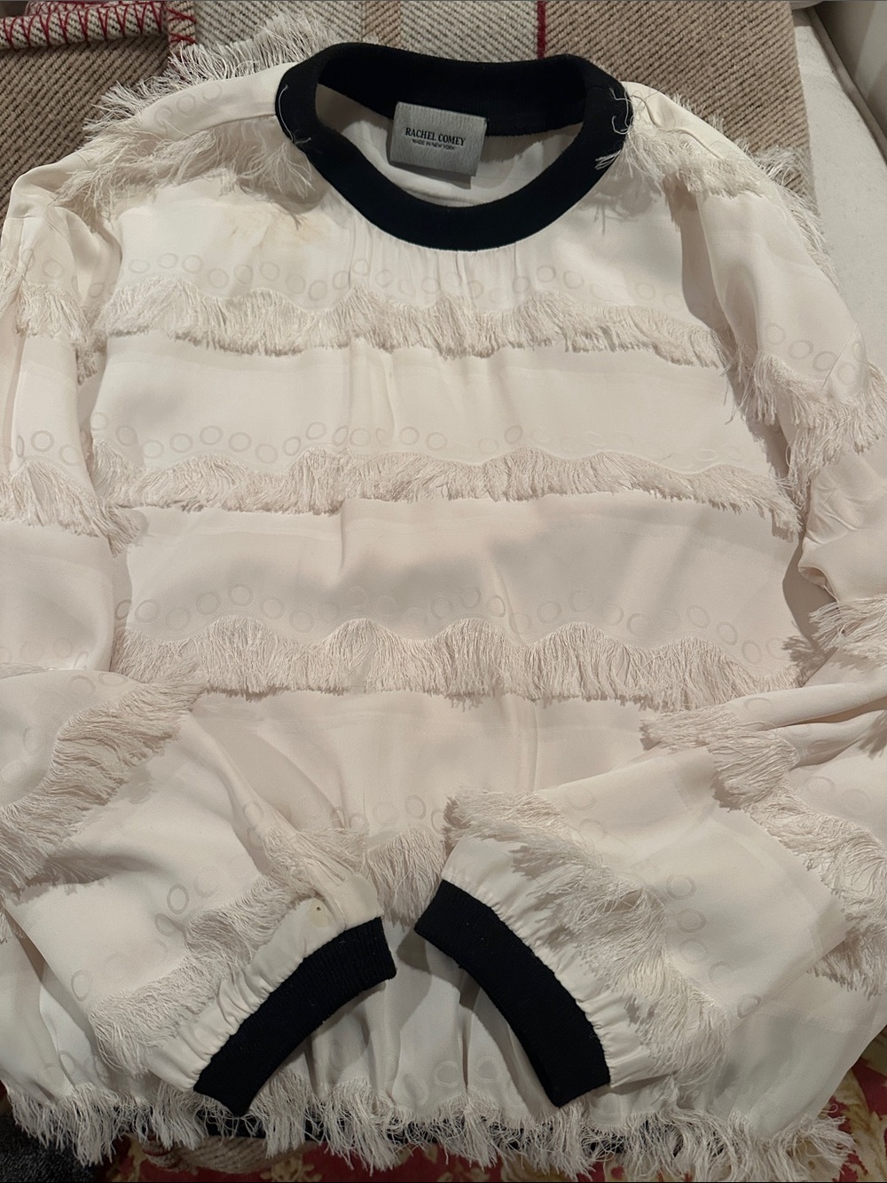 Rachel Comey White Blouse with Black Trim Fringe Detail